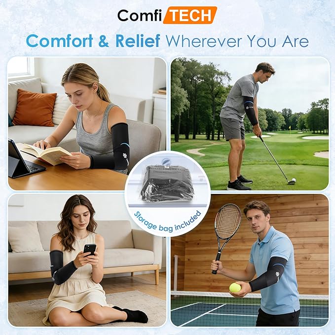 ComfiTECH Dual-Gel Full Arm Ice Pack Wrap with Extended 30-Min Cooling for Elbow, Detachable Cold Pack & Flexible Gel Ice Sleeve for Volleyball, Tennis Recovery, Muscle Relaxation, Large