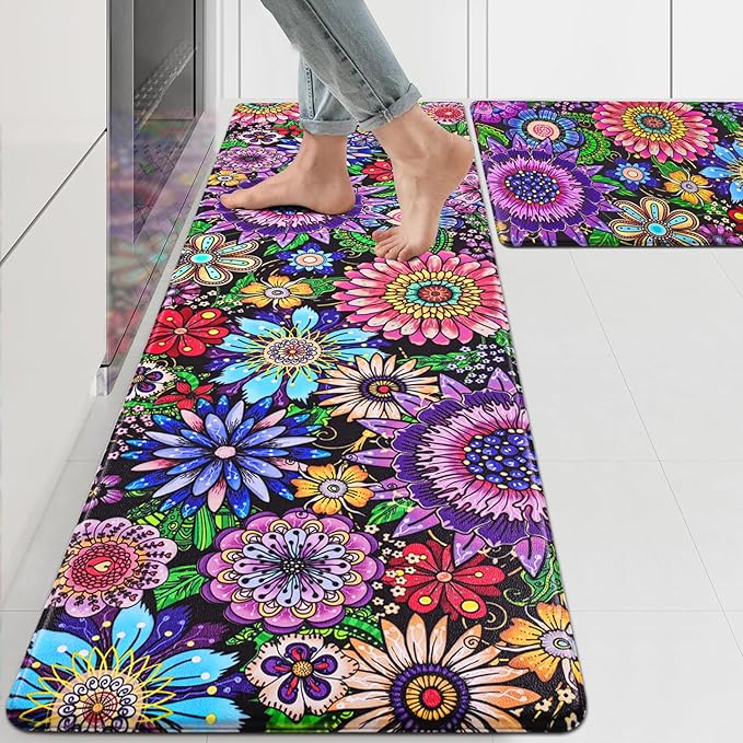 Likiyol Boho Kitchen Rugs, Boho Floral Anti Fatigue Kitchen Mat for Floor, Bohemian Flowers Non Slip Washable Kitchen Floor Mats, Comfort Standing Mat, 18'' x 30'' + 18'' x 60'', Floral