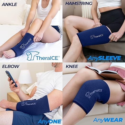 TheraICE Knee Ice Pack Wrap Compression ANYSleeve for Injuries, Reusable Gel Cold Packs Brace for Elbow & Calf - Flexible Cold Wrap Recovery for Pain Relief (One Size fits most people & Body parts)
