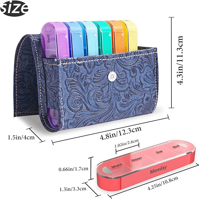 Pill Organizer,LIZIMANDU Weekly Travel Pill Case Box Medication Reminder Daily AM PM, Day Night 7 Compartments,for 4 Times A Day, 7 Days a Week-Includes Leather PU Carrying Case(1-Carved Blue2)