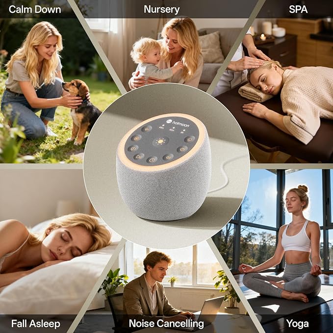 Hotmoon Sound Machine for Sleep, Cocoon 2 White Noise Sound Machine with 40 Relaxing Sounds, Dual-Speaker & Timer, 8 Night Light, Pink Brown Green Noise for Sleeping Adults, Office Privacy, Plug-in