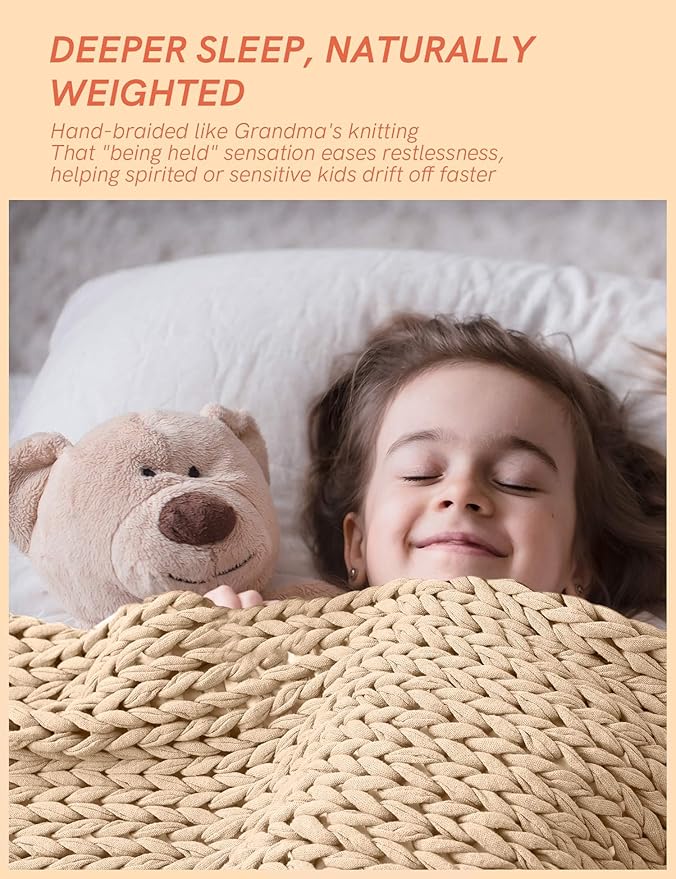 YnM Cooling Weighted Blanket, 100% Cotton Handmade Chunky Knitted Blanket, Weighted Lap, Breathable Heavy Blankets, Machine Washable Throw for Sleep or Home Decor (Beige, 50x60 Inch, 10lbs)