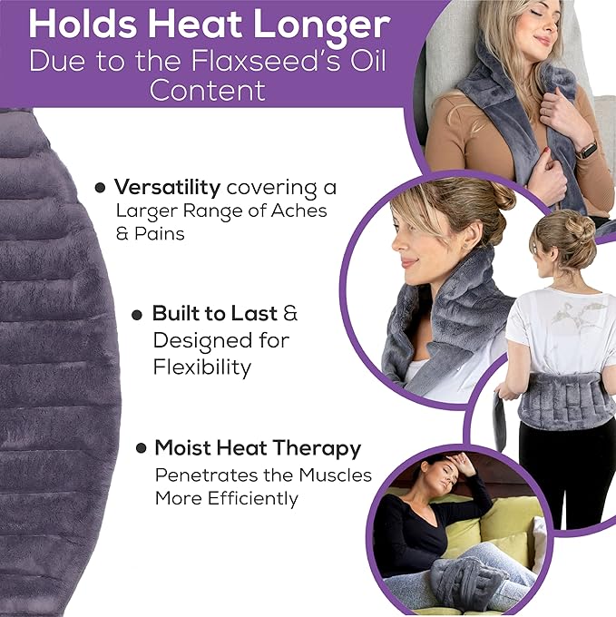 Microwavable Heating Pad for Back Pain Relief – Moist Heat Pack for Neck & Shoulders – Microwave Wheat Bag with Long Ties – Reusable Hot Cold Therapy Wrap for Cramps, Stress & Muscle Relaxation M 71”
