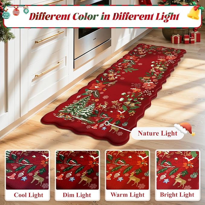 Collive Christmas Anti Fatigue Mats for Kitchen Floor, Xmas Tree Scalloped Kitchen Rugs Sets of 2 Waterproof Padded Floral Rug, Memory Foam Comfort Standing Mat Non Slip for Office, Sink, Laundry, Red