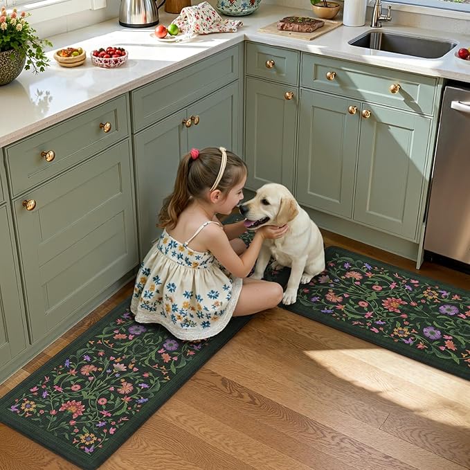 Collive Kitchen Mats Cushioned Anti Fatigue, Waterproof Kitchen Floor Mat Non Slip Desk Rugs Comfort Standing Rug for Sink, Office, Laundry, Home Decor, 17.3"x29"+17.3"x59", Green