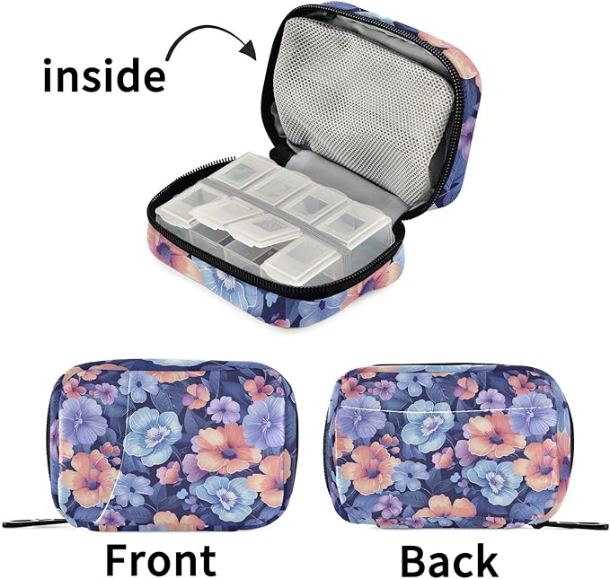 Cute Pastel Blue Flowers Travel Pill Organizer Case 7 Day Weekly Portable Pill Box Travel Vitamin Supplements Holder