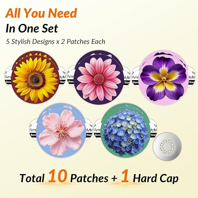 Libre 3 Sensor Covers Waterproof Floral, Amolyfe 10 Pack Libre 3 & Plus Sensor Covers, Bump-Proof with Hard Cap, Easy-Peel Tab Patches for Free Style Glucose Sensor, 14-Day Protection (Bloom)