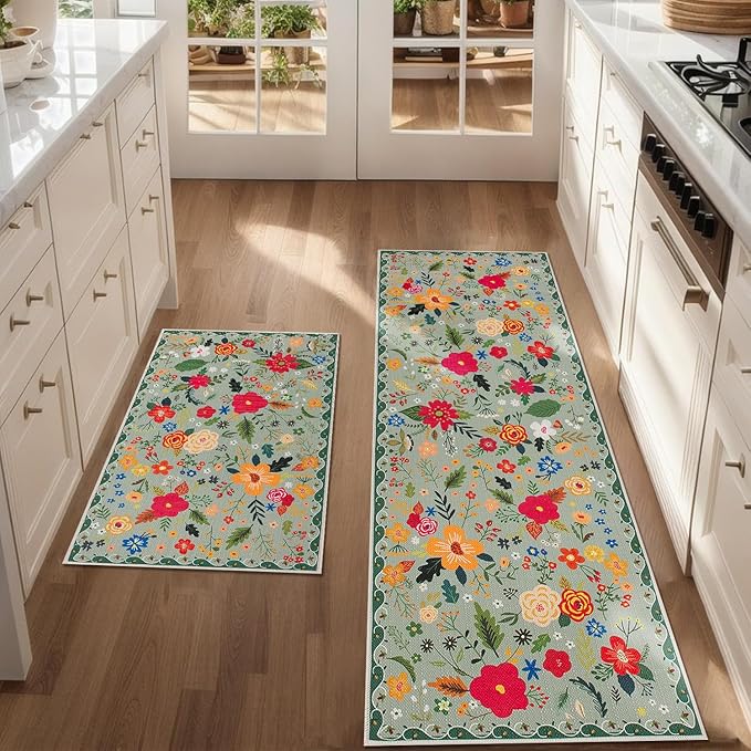Floral Kitchen Rug Sets of 2, Boho Non Slip Washable Kitchen Mats for Floor, Spring Floral Kitchen Runner Rug for Hallway Laundry Sink 17x30 and 17x47 Inch, Green
