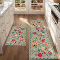 Floral Kitchen Rug Sets of 2, Boho Non Slip Washable Kitchen Mats for Floor, Spring Floral Kitchen Runner Rug for Hallway Laundry Sink 17x30 and 17x47 Inch, Green