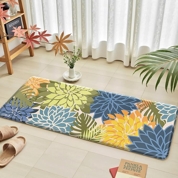 Kitchen Mats for Floor 2 Piece Cushioned Anti Fatigue Kitchen Mats Waterproof Non Slip Kitchen Mat Rug Set Comfort Foam Standing Mat for Sink, Laundry, Office, Yellow Green