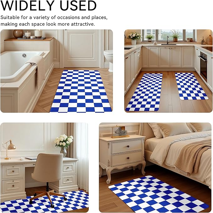 Stellar Blue Checkered Grid Checkerboard Kitchen Rug Sets [2 PCs], Anti-Fatigue, Waterproof Non-Slip Kitchen Mats Heavy Duty Comfort Foam Rug for Kitchen, Floor, Laundry,17"x29"+17"x47"