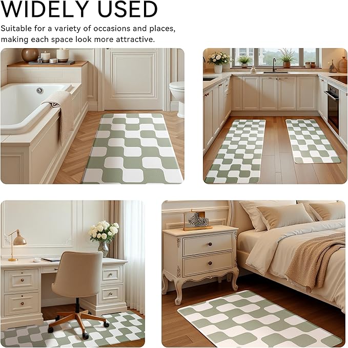 Sage Green Retro Curvy Checkered Grid Checkerboard Kitchen Rug Sets [2 PCs], Anti-Fatigue, Waterproof Non-Slip Kitchen Mats Heavy Duty Comfort Foam Rug for Floor, Home, Laundry,17"x29"+17"x47"
