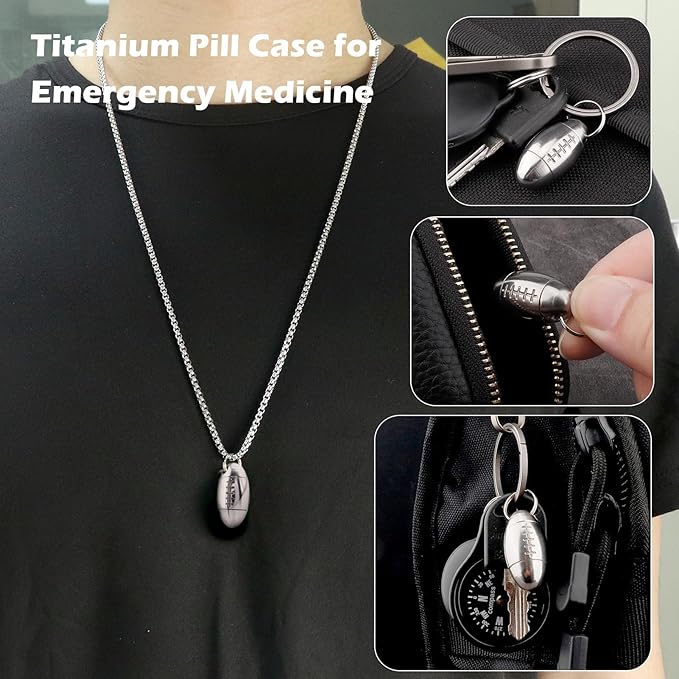 Football Shape Pill Holder Necklace Keychain Titanium Nitro Pill Case for Men Women Small Waterproof Pill Holder for Emergency Aspirin, Pill Container W/Chain Gifts Stocking Stuffers