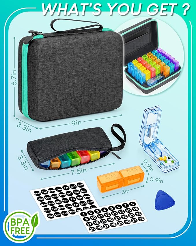 Monthly Pill Organizer 2 Times a Day, with Portable Hard Shell, Pill Cutter, 31-Day Box, Plastic Opening Pick, Monthly & Weekly Stickers, Convenient Medication Management (Black, 2 Times a Day)