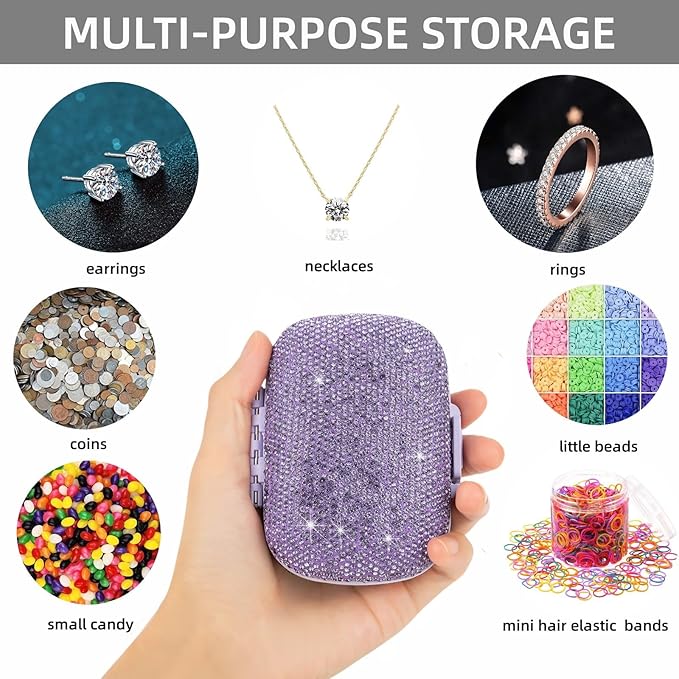 Bling Travel Pill Organizer Cute Pill Box with Labels Rhinestone Pill Case for Purse Portable Daily Pill Container 7 Day Medicine Holder for Vitamin Supplement(Purple)