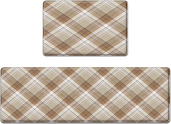 Arttown Beige Anti-Fatigue Kitchen Rug Set of 2 Plaid Cushioned Floor Standing Mat Waterproof Non-Slip Mat and PVC Ergonomic Comfort Foam Rug