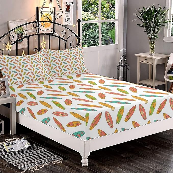 XISUNYA Decorative Fitted Sheet Set Twin Size, Surfboard Deep Pockets Fitted Sheet & 2 Pillow Sham Set, Fun Colorful Surfing Boards Summer Tropical Beach Hawaii Printed Microfiber Bedding 3pc Set
