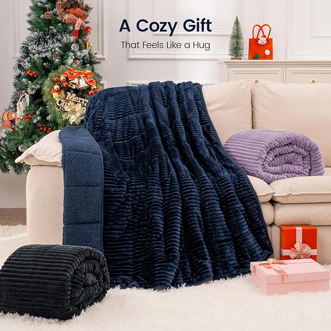 Sherpa Fleece Adult Weighted Blanket with Ribbed Stripes, 15 Pounds Dual Sided Soft Plush Blanket for Couch Bed Sofa, Heavy Thick Blankets with Glass Beads Great for Sleep, Navy Blue, 48" x 72"