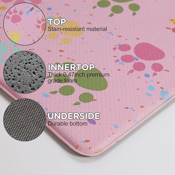 Pink Kitchen Mat Cushioned Anti-Fatigue Floor Mat,Waterproof Non-Skid Kitchen Mats and Rugs Heavy Duty Comfort Standing Mat for Home, Office, Sink, Laundry, Colorful Paws