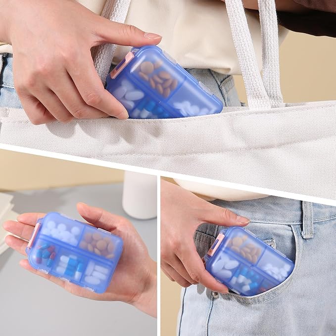1Pack Travel Pill Organizer - 10 Compartments Pill Case, Compact and Portable Pill Box, Perfect for On-The-Go Storage, Pill Holder for Purse (Blue with 156 Stickers)