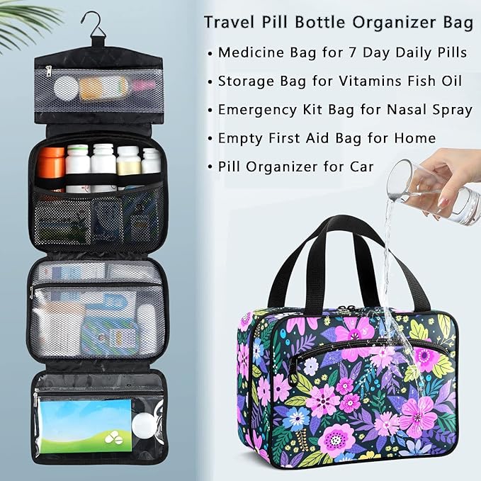 Naanle Pill Organizer Bag Travel Pill Bottle Medicine Organizer Home Storage Medication Bag for Vitamin Supplements, Purple Floral Empty First Aid Bag for Car Camping, 1.0 Count