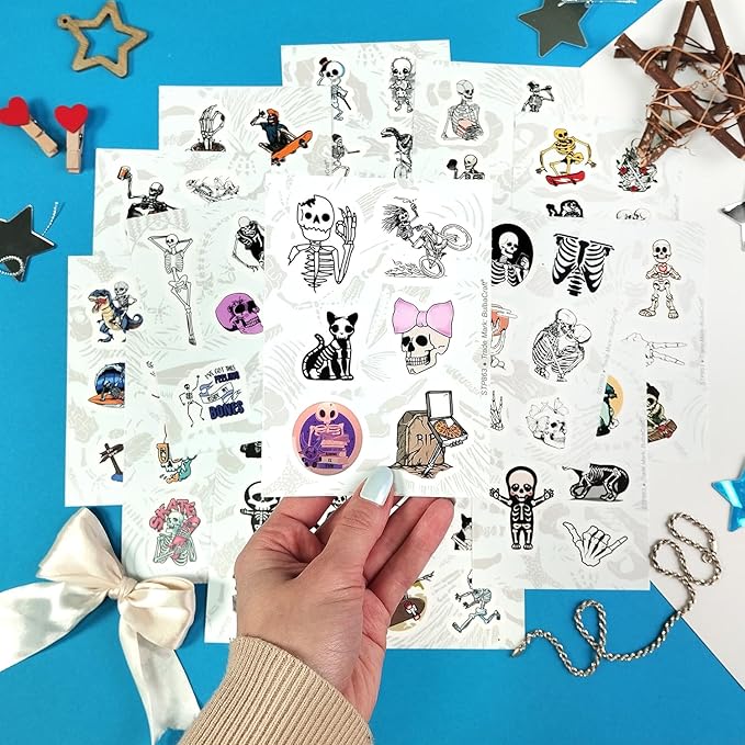 BulbaCraft 100Pcs Skeleton Stickers - Skeleton Party Decorations & Favors, Skull Stickers, Men - Spooky Halloween Decals Waterproof, Gifts for Women & Men