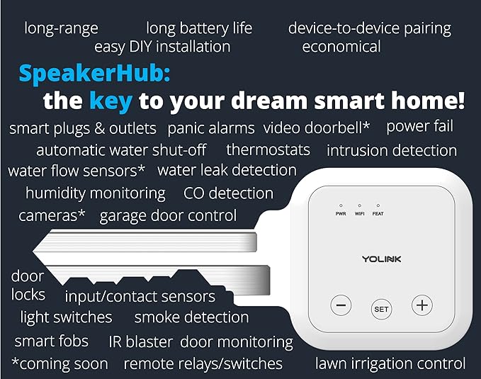 YoLink SpeakerHub & One Motion Sensor Smart Home and Security Kit – Audio Hub Plays Tones/Sounds, Spoken Messages, LoRa-Powered ¼ Mile Range, WiFi Required