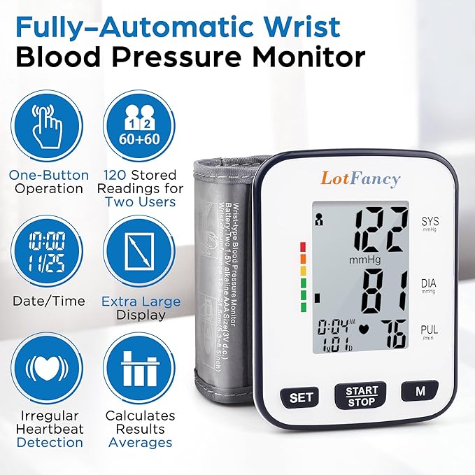 LotFancy Wrist Blood Pressure Monitor for Home Use, Automatic Blood Pressure Machine Adjustable Wrist Cuff 5.3”-8.5” Digital BP Machine with LCD Display, 120 Memory, 2 User, with Carrying Case