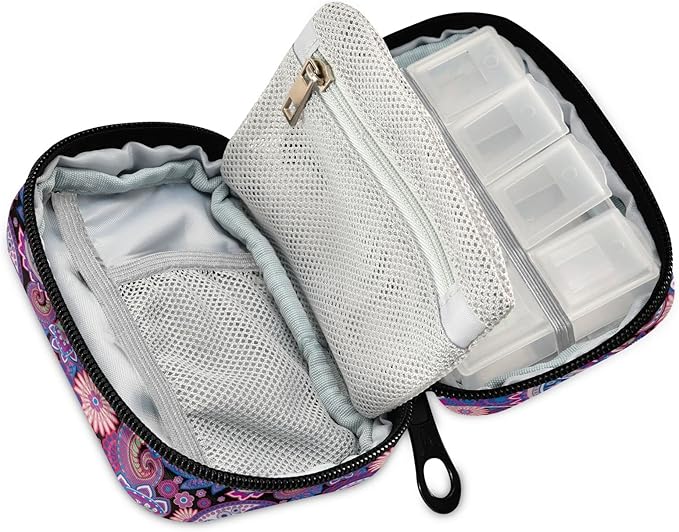 Naanle Traditional Paisley Flowers Pill Box 7 Day Case Travel Organizer Bag with Zipper Floral Portable Weekly Compact Size for Vitamin Supplement Holder, 4.6 x 3.14 x 1.88 Inch, Purple