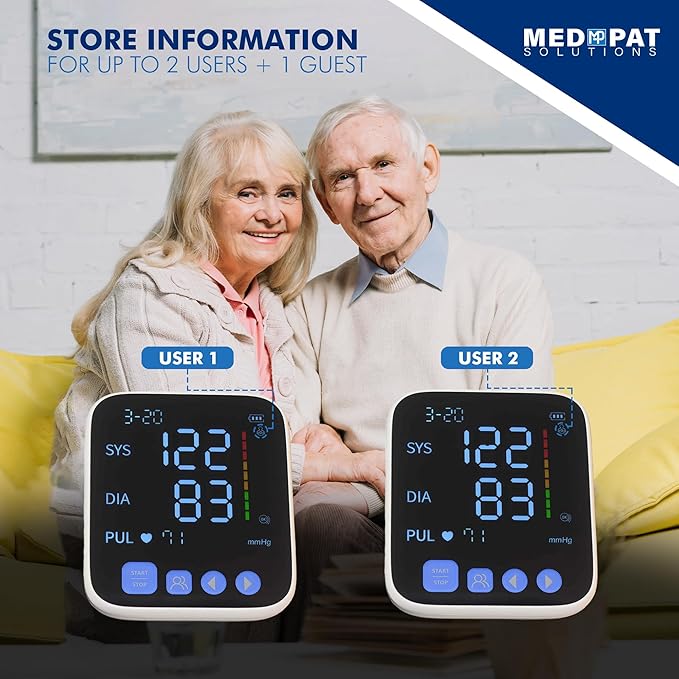 Med-Pat BP-S Arm Blood Pressure Monitor - 4.7" HD LCD Screen - 2 Users x 300 Memories Plus Guest Mode - Irregular Heartbeat Detection - Hold Still Indicator - Portable Square Design