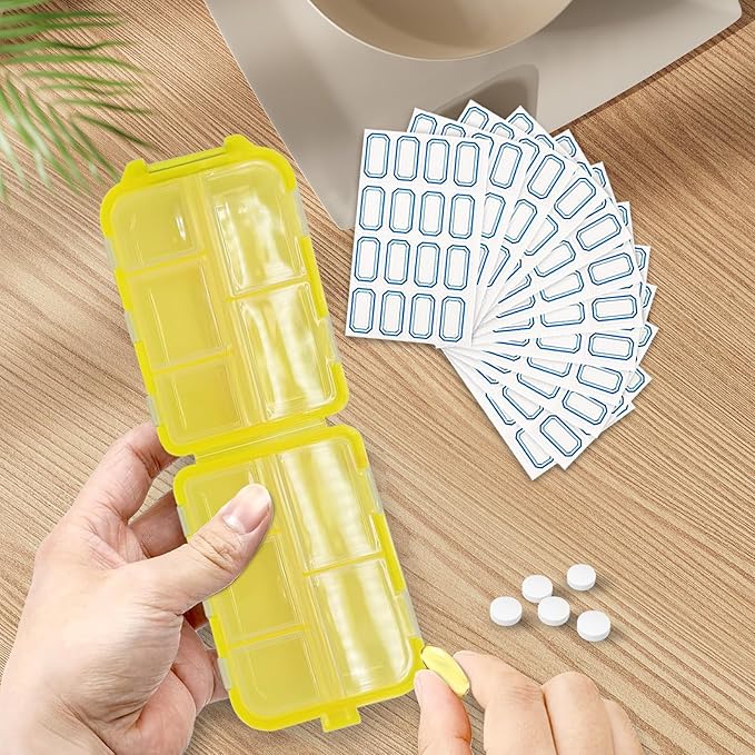 INVODA 12PCS 10-Compartment Pill Organizer BPA-Free Travel Pill Case with Daily Labels Portable Medicine Box for Vitamins, Supplements & Jewelry
