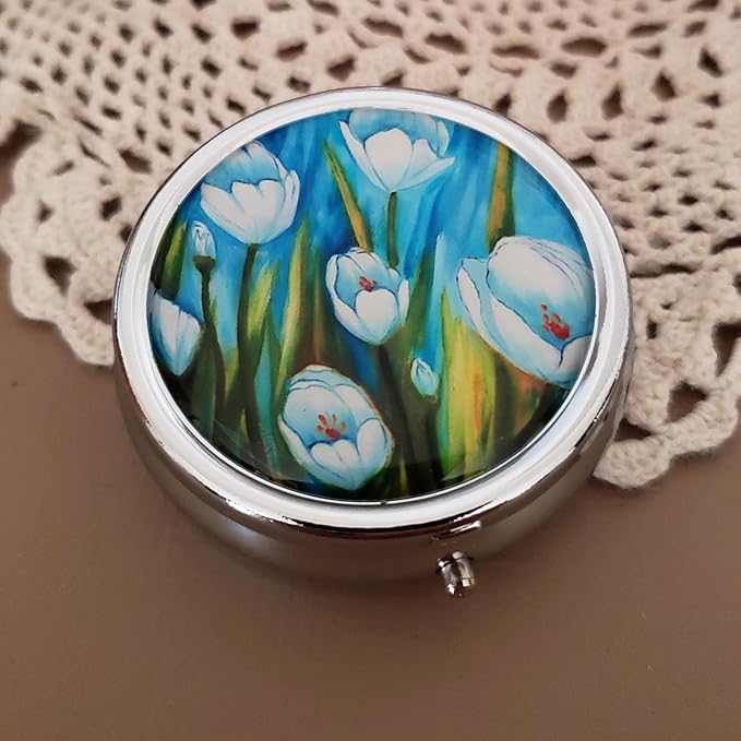 Designer Pill Box by Houder - Decorative Pill Case with Gift Box - Carry Your Meds in Style (Tulips)