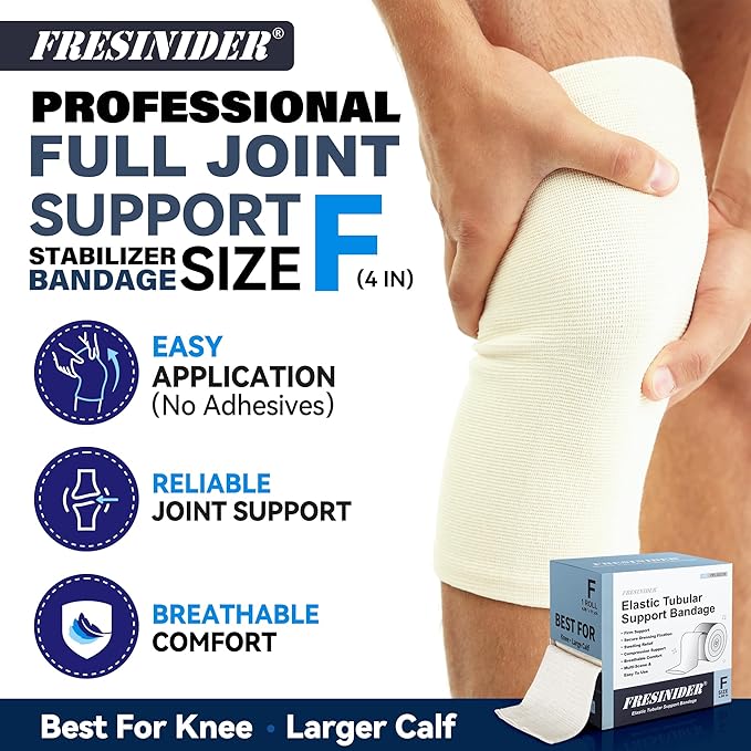 FRESINIDER Size F Elastic Tubular Support Bandage (4" x 11 Yards) – Light to Moderate Compression Roll for Large Knee & Thigh, Breathable Stretch Stockinette