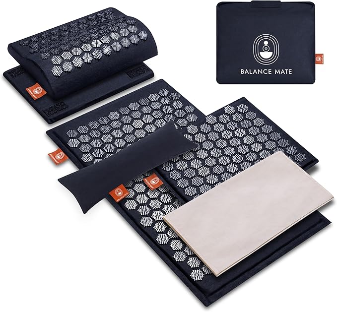 BalanceMate™ Acupressure Mat Set with 6,210 Pressure Points for Pain Relief and Relaxation Kit for Back, Neck, and Sleep – Yoga and Meditation Pillow (Deep Black)