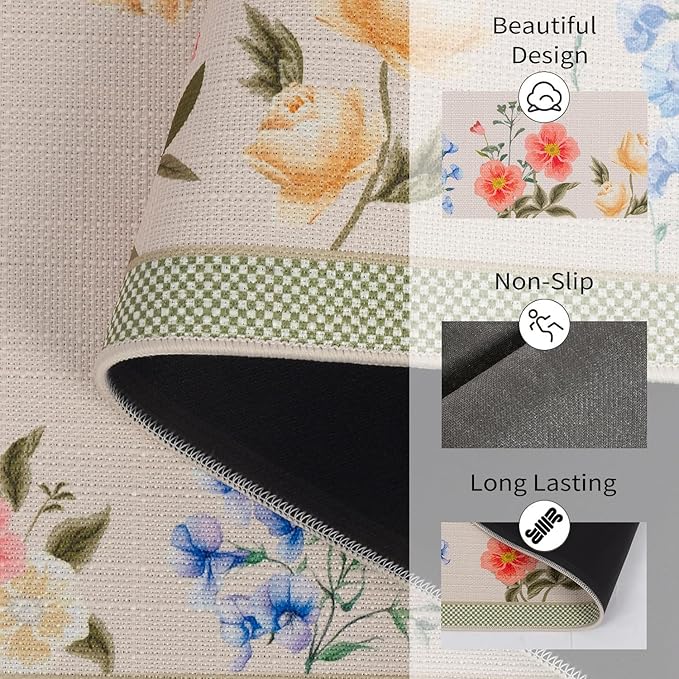Pink Floral Kitchen Mats Set of 2, Boho Flower Kitchen Rugs Non-Slip Washable, Spring Home Decor Low-Profile Kitchen Mat for Floor Sink Laundry 17x30 and 17x47 Inch