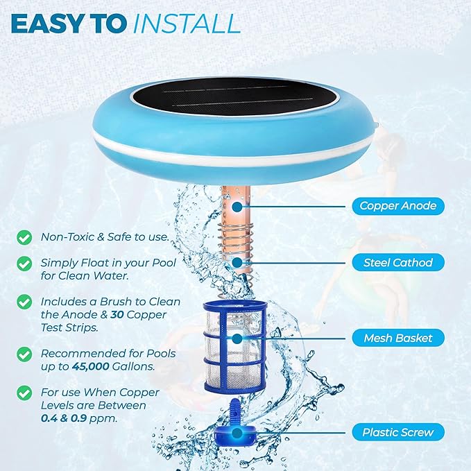 Solar Pool Ionizer - Enhanced with Latest Solar Technology & Longer-Lasting Anode | Reduces Chlorine- Mineral-Based Pool Cleaning Device | 85% Less Chlorine for Pools Up to 45,000 Gallons