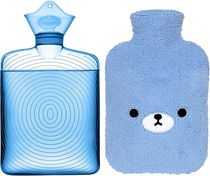 samply Hot Water Bottle with Cute Fleece Cover, Hot Water Bag for Hot and Cold Compress, Hand Feet Warmer, Neck and Shoulder Pain Relief, Light Blue Bear