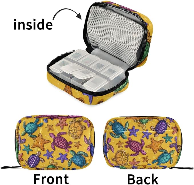 Colorful Turtles and Starfish Travel Pill Organizer Case Box Container Weekly Portable Vitamin Medicine Holder Storage Bag with Zipper Removable