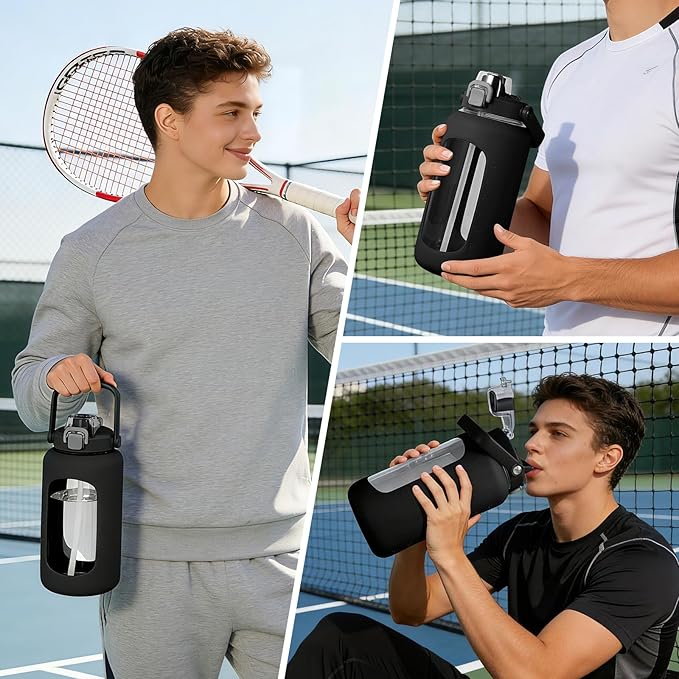 72oz Glass Water Bottle with 2-IN-1 Straw &Chug Lid, Large Motivational Glass Bottle with Capacity Marker and Silicone Sleeve, 2.1Liter Gallon Water Jug for Home, Sports, Gym, BPA Free-Black