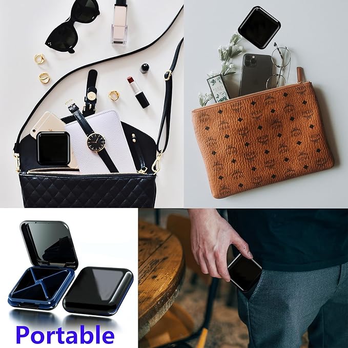 Small Pill Box Waterproof Travel Pill Case Portable Daily Pill Container Pill Holder for Purse 4 Compartments Pocket Compact Medicine Organizer for Vitamin,Fish Oils,Supplements,Medication