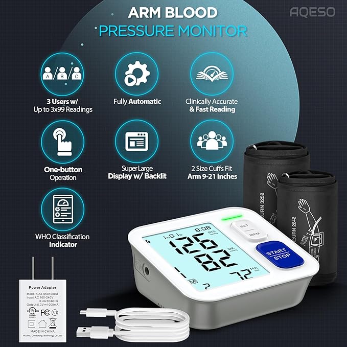 Blood Pressure Machine Upper Arm, 2 Size Cuffs Included, Medium/Large 9"-17" and Extra Large XL Cuff 13"-21", Accurate Automatic Digital BP Monitor for Home Use, Large Backlit LCD, 3 Users
