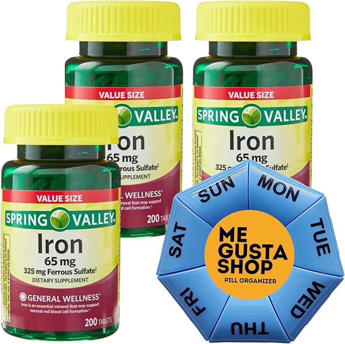 Spring Valley Iron Tablets Dietary Supplement Value Size, 65 mg 200 Count Pack of 3 Total 600 Includes Pill Organizer