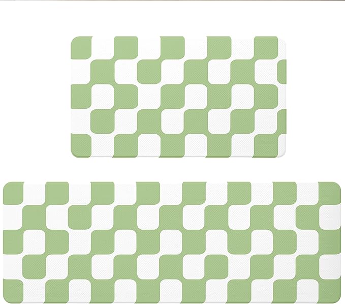 Fresh Green Retro Curvy Checkered Grid Checkerboard Kitchen Rug Sets [2 PCs], Anti-Fatigue, Waterproof Non-Slip Kitchen Mats Heavy Duty Comfort Foam Rug for Floor, Home, Laundry,17"x29"+17"x47"