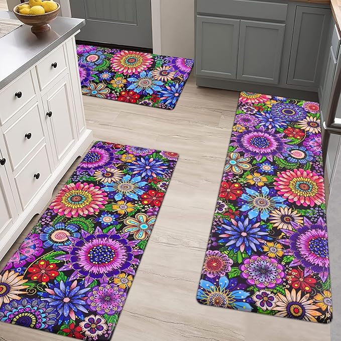 Likiyol Boho Kitchen Rugs, Boho Floral Anti Fatigue Kitchen Mat for Floor, Bohemian Flowers Non Slip Washable Kitchen Floor Mats, Comfort Standing Mat, 18''x30''+18''x48''+18''x60'', Floral