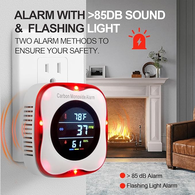 Plug-in Carbon Monoxide Detector with Real-time CO Display and Temperature and Humidity Monitor, Suitable for Home, RV, Apartment, Indoor air Safety Plug-in CO Compact Alarm