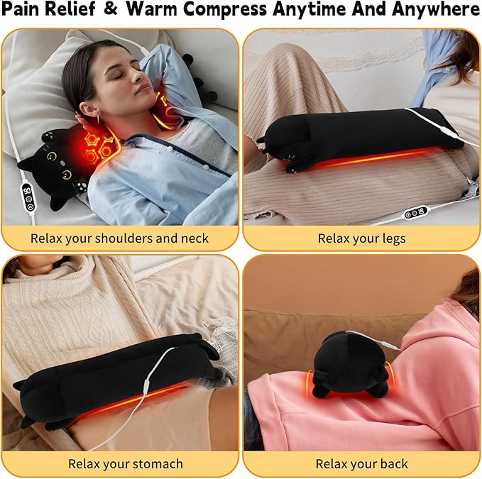 Cat Heating Pad-USB Heated Plush Stuffed Animals for Period Cramps and Menstrual Pain Relief,22” Portable Electric Kitten Heating Pads,Built-Pocket Plushies Women Girls Birthday Gift,Black