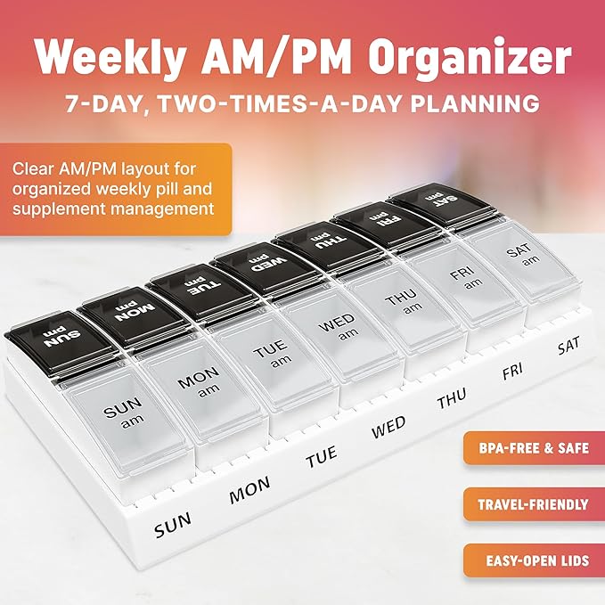 Weekly AM/PM Pill Organizer - 7 Day Medicine Planner with Large Pop-Out Daily Compartments, Easy Open 2-Times-a-Day Pill Case for Travel that Holds Big Size Vitamins & Supplements, Black and White