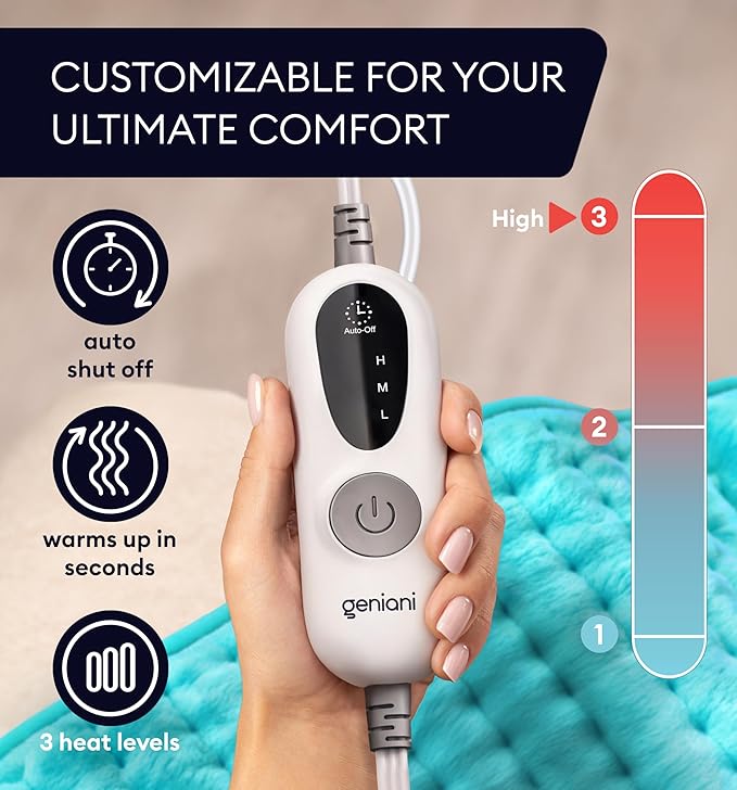 GENIANI Electric Heating Pad for Back Pain & Cramps Relief, Electric Throw, Auto Shut Off, Machine Washable, Moist Heat Pad for Neck & Shoulder - Valentines Day Gifts for Her, 12x24 Viridian Green