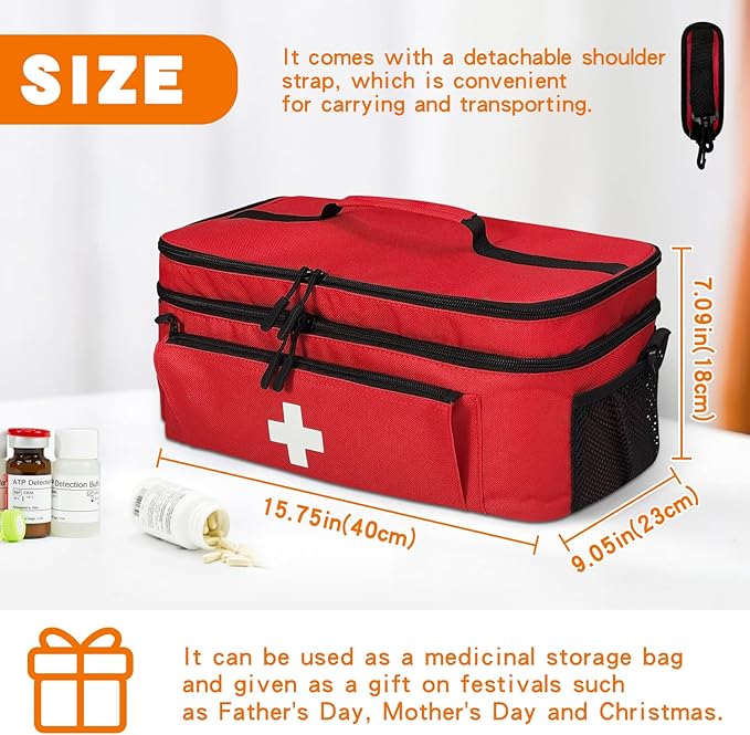 Boczif First Aid Kit, First Aid Storage Carry Bag, Pill Bottle Organizer for Emergency Trauma Medical Kits Supplies Waterproof, Ideal for Home, Travel, Outdoor, Camping (Red with shoulder strap)