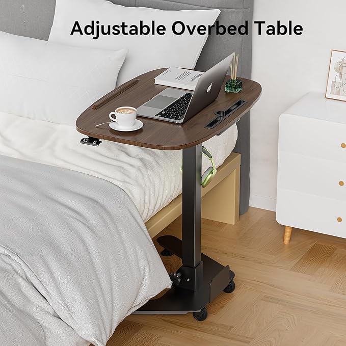 Folding Pneumatic Height Adjustable Mobile Standing Desk with 90° Tiltable Tabletop, 27.2x18.9 Inch Portable Laptop Desk with Wheels, Holds Up to 66.1lbs for Home Office, Black Walnut